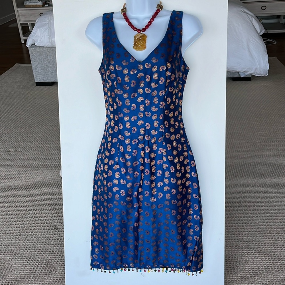 Blue w/ red paisley Mica dress multicolor beaded hem